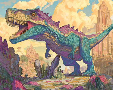 Värikäs dinosaurus seisoo majesteettisena kallioisessa maisemassa.